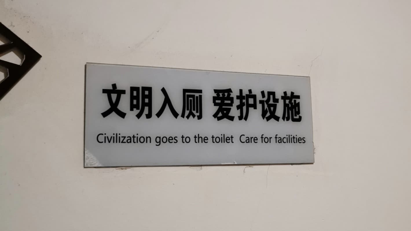 The phrase "文明入厕" is translated as "Civilization goes to the toilet." This is a literal translation that misses the intended meaning of "civilized toilet etiquette" or "civilized entry into the restroom." The phrasing creates a humorous image of civilization itself undertaking the act of using a toilet.