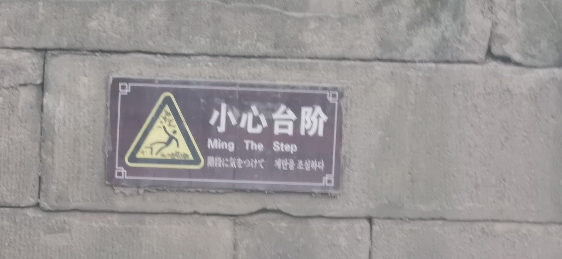 The sign says 'Ming The Step' which is a humorous mistranslation of the Chinese characters "小心台阶" (xiǎoxīn táijiē), meaning 'Be careful of the steps' or 'Watch your step'. The name 'Ming' is not related to the meaning of the characters.